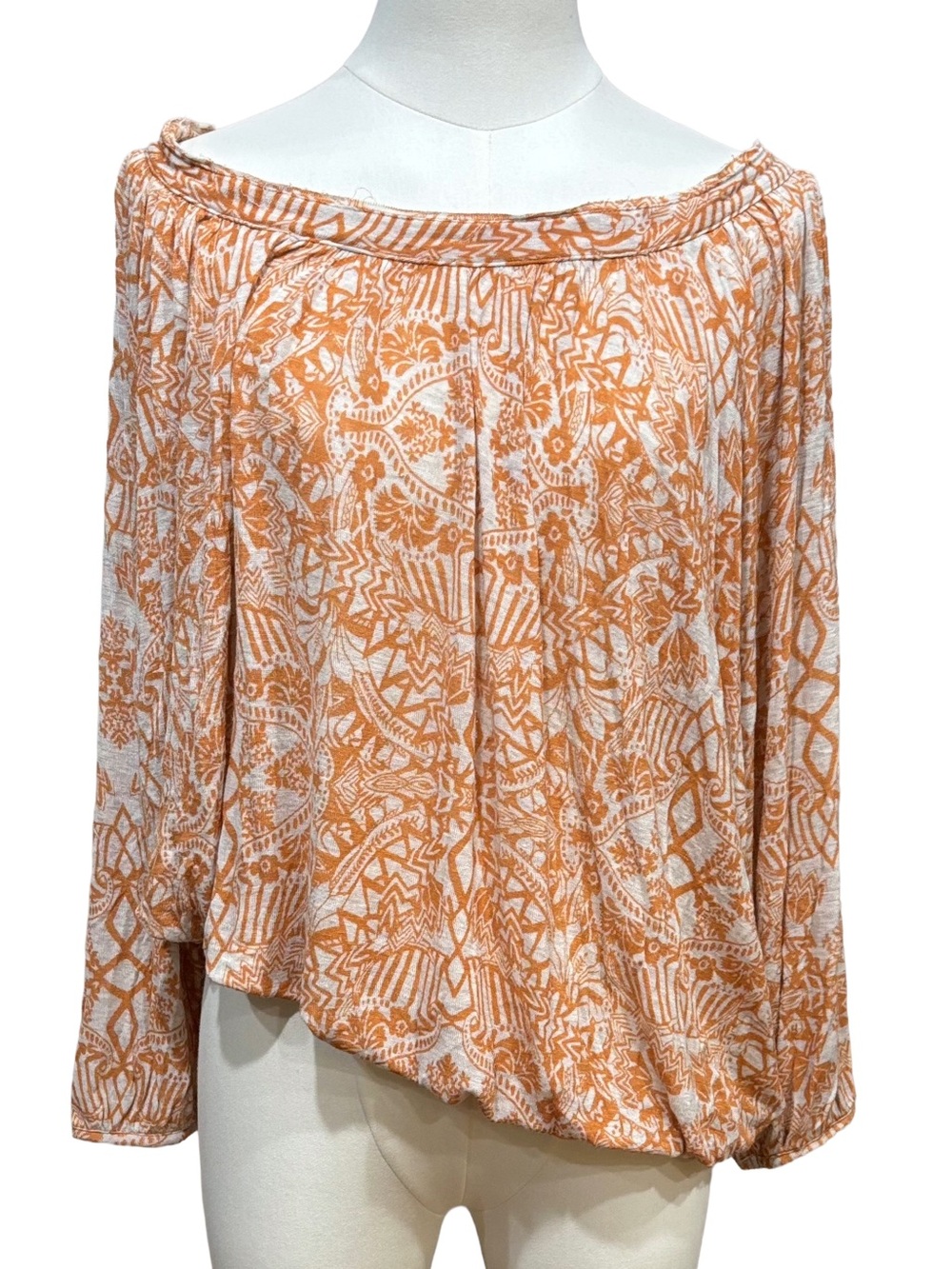 🌸2/$40🌸 FREE PEOPLE Orange/White Printed Off-Shoulder/scoop billowy Blouse